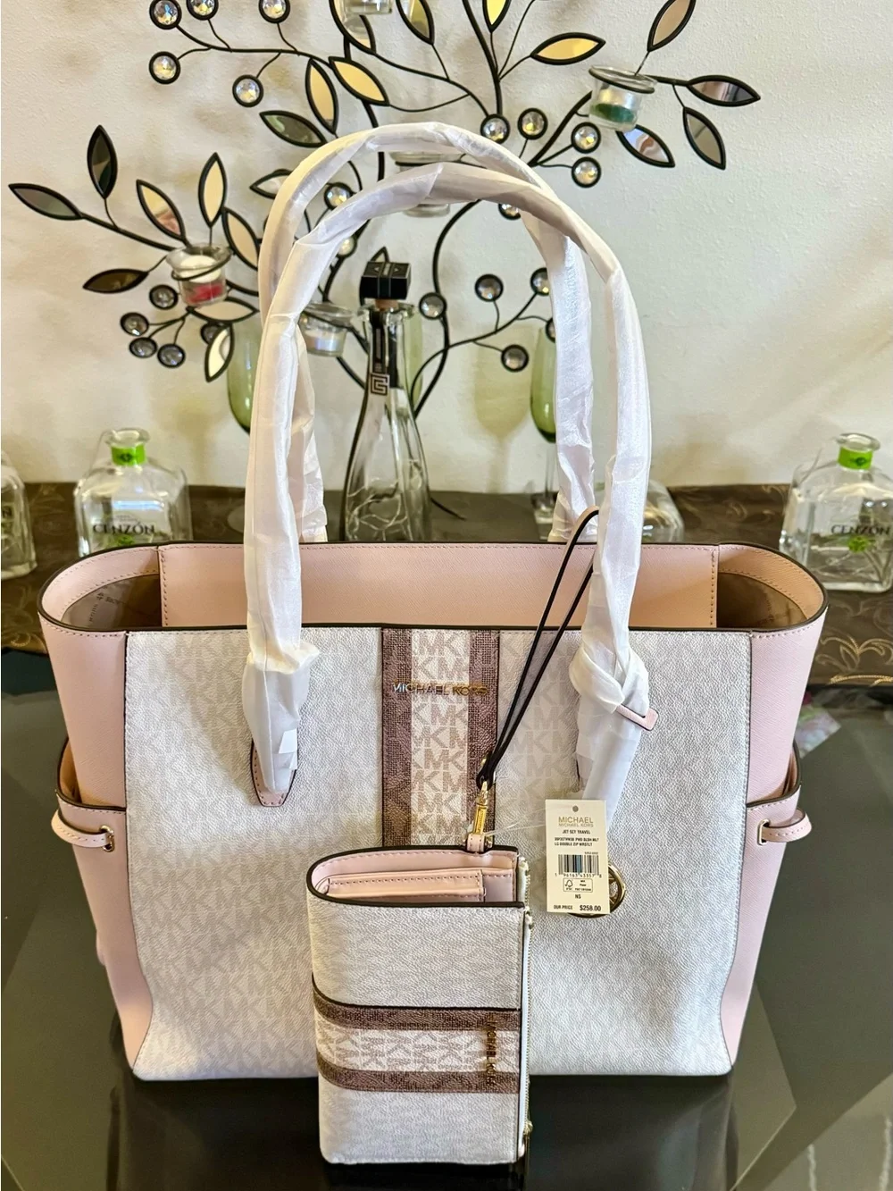 Michael Kors Pink and Brown Signature Tote with Matching Wristlet